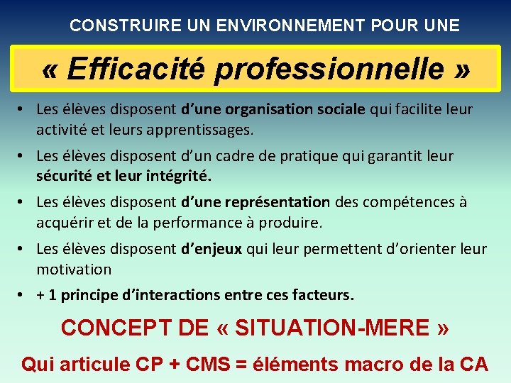 CONSTRUIRE UN ENVIRONNEMENT POUR UNE « Efficacité professionnelle » • Les élèves disposent d’une