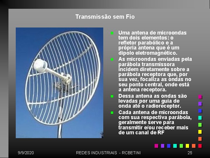 Transmissão sem Fio n n 9/9/2020 Uma antena de microondas tem dois elementos: o Transmissão sem Fio n n 9/9/2020 Uma antena de microondas tem dois elementos: o