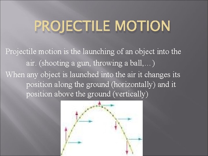 PROJECTILE MOTION Projectile motion is the launching of an object into the air. (shooting