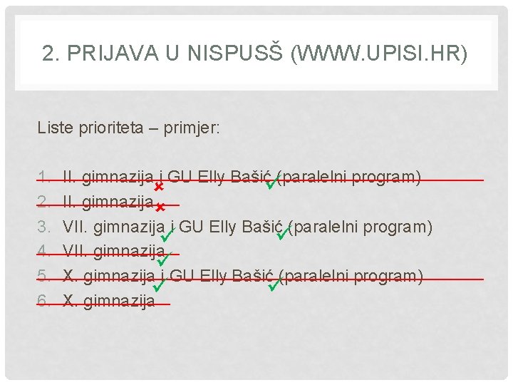 2. PRIJAVA U NISPUSŠ (WWW. UPISI. HR) Liste prioriteta – primjer: ________________________ 1. II. 2. PRIJAVA U NISPUSŠ (WWW. UPISI. HR) Liste prioriteta – primjer: ________________________ 1. II.