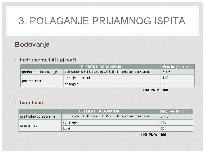 3. POLAGANJE PRIJAMNOG ISPITA Bodovanje • instrumentalisti i pjevači ELEMENTI BODOVANJA prethodno obrazovanje prijamni