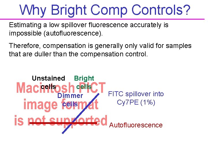 Why Bright Comp Controls? Estimating a low spillover fluorescence accurately is impossible (autofluorescence). Therefore,