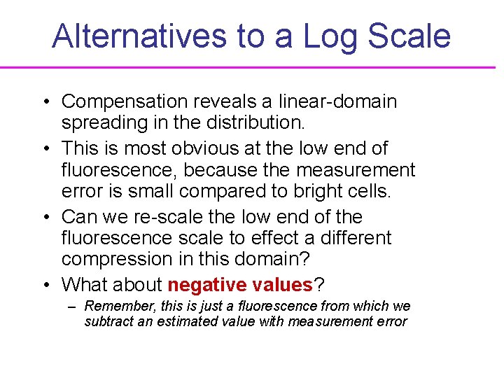 Alternatives to a Log Scale • Compensation reveals a linear-domain spreading in the distribution.
