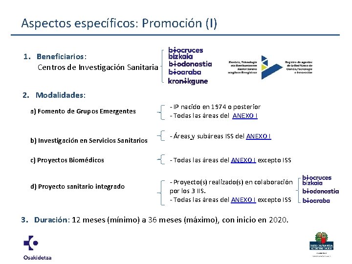 Aspectos específicos: Promoción (I) 1. Beneficiarios: Centros de Investigación Sanitaria 2. Modalidades: a) Fomento