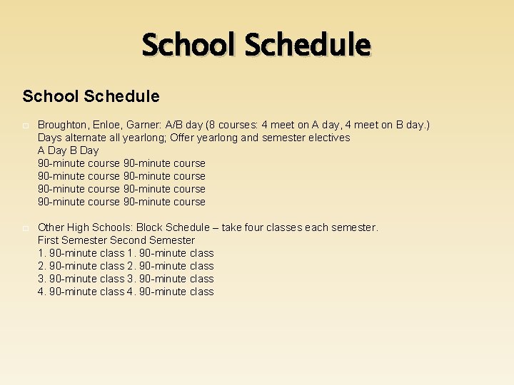 School Schedule � Broughton, Enloe, Garner: A/B day (8 courses: 4 meet on A