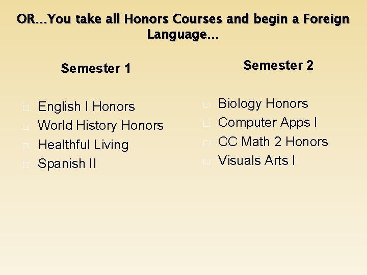 OR…You take all Honors Courses and begin a Foreign Language… Semester 2 Semester 1