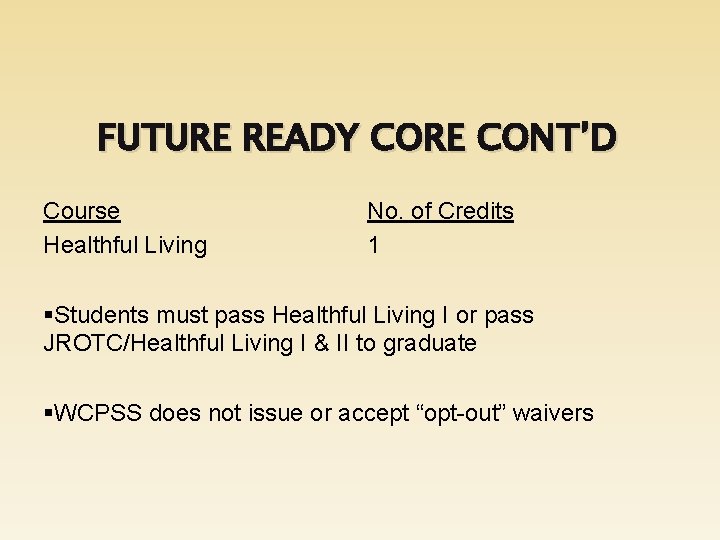 FUTURE READY CORE CONT’D Course Healthful Living No. of Credits 1 §Students must pass