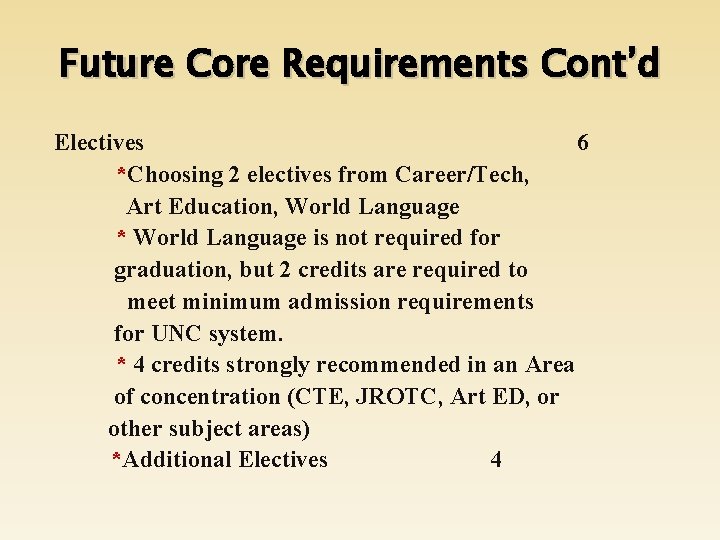 Future Core Requirements Cont’d Electives 6 *Choosing 2 electives from Career/Tech, Art Education, World