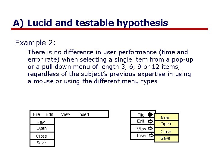 A) Lucid and testable hypothesis Example 2: There is no difference in user performance