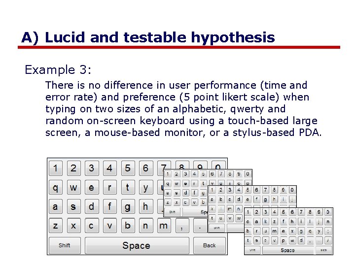 A) Lucid and testable hypothesis Example 3: There is no difference in user performance
