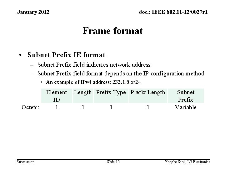 doc. : IEEE 802. 11 -12/0027 r 1 January 2012 Frame format • Subnet