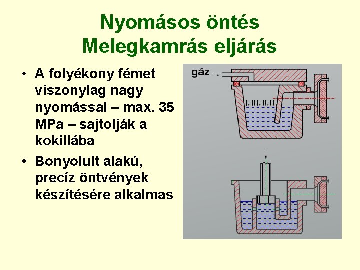 Nyomásos öntés Melegkamrás eljárás • A folyékony fémet viszonylag nagy nyomással – max. 35