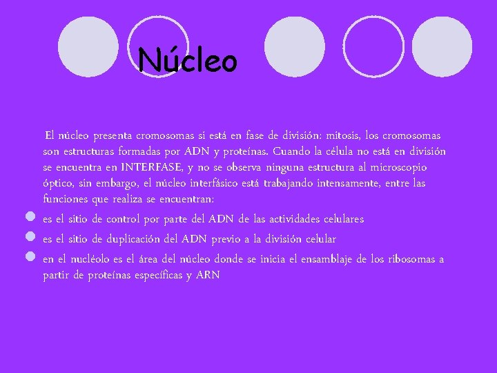 Núcleo El núcleo presenta cromosomas si está en fase de división: mitosis, los cromosomas