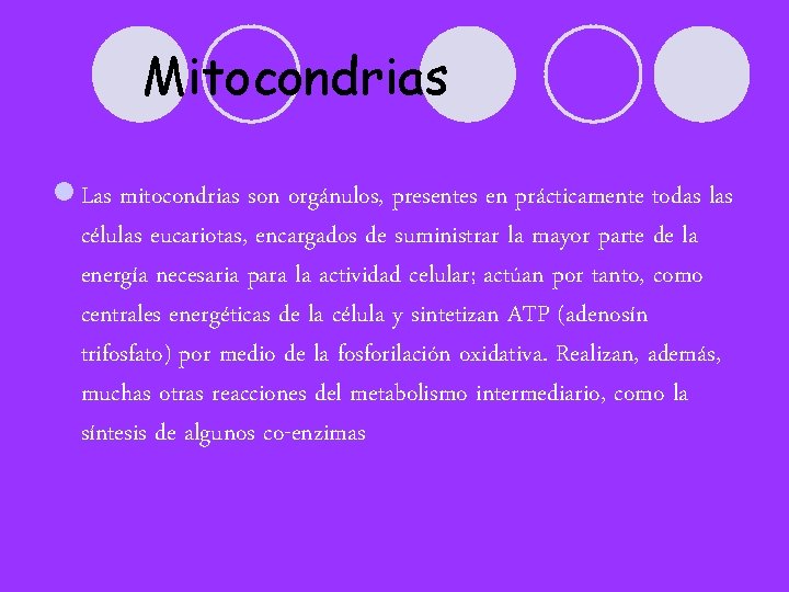 Mitocondrias l Las mitocondrias son orgánulos, presentes en prácticamente todas las células eucariotas, encargados