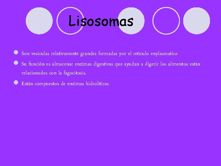 Lisosomas l Son vesículas relativamente grandes formadas por el retículo enplasmatico l Su función