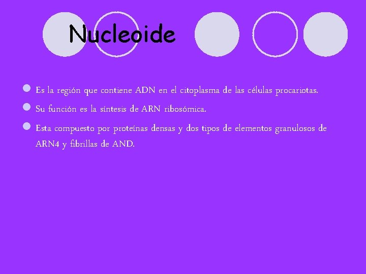 Nucleoide l Es la región que contiene ADN en el citoplasma de las células