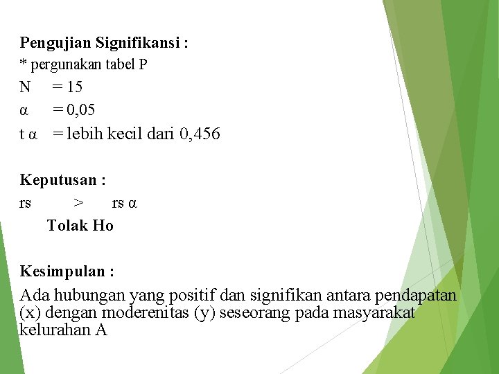 Pengujian Signifikansi : * pergunakan tabel P N = 15 α = 0, 05