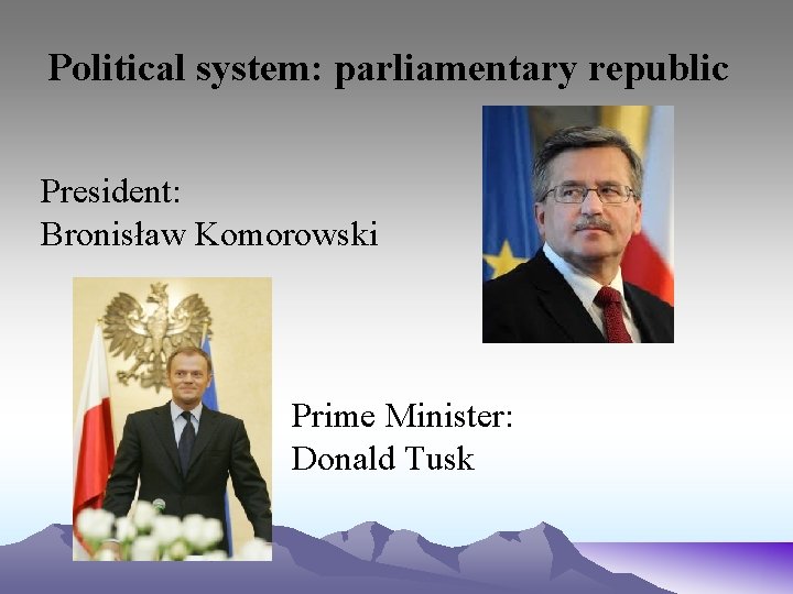 Political system: parliamentary republic President: Bronisław Komorowski Prime Minister: Donald Tusk 