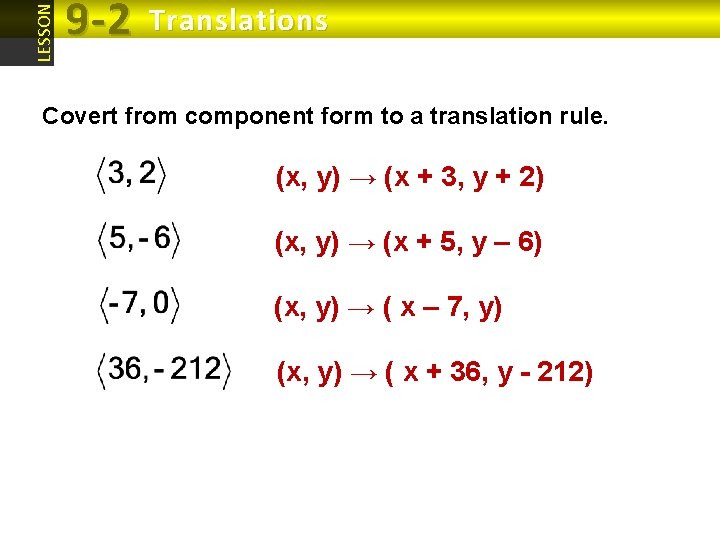 LESSON 9 -2 Translations Covert from component form to a translation rule. (x, y) LESSON 9 -2 Translations Covert from component form to a translation rule. (x, y)