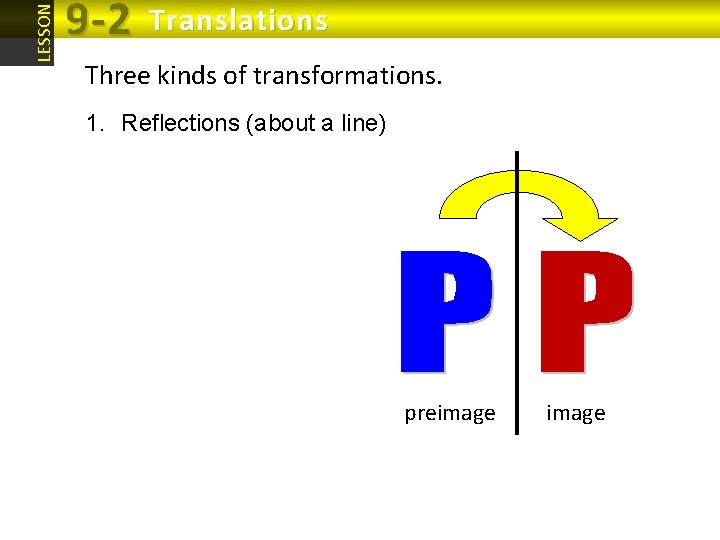 LESSON 9 -2 Translations Three kinds of transformations. 1. Reflections (about a line) preimage LESSON 9 -2 Translations Three kinds of transformations. 1. Reflections (about a line) preimage