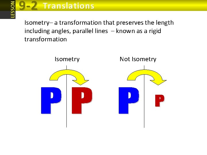 LESSON 9 -2 Translations Isometry– a transformation that preserves the length including angles, parallel LESSON 9 -2 Translations Isometry– a transformation that preserves the length including angles, parallel