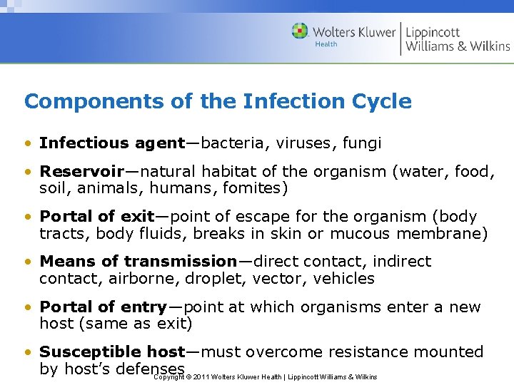 Components of the Infection Cycle • Infectious agent—bacteria, viruses, fungi • Reservoir—natural habitat of