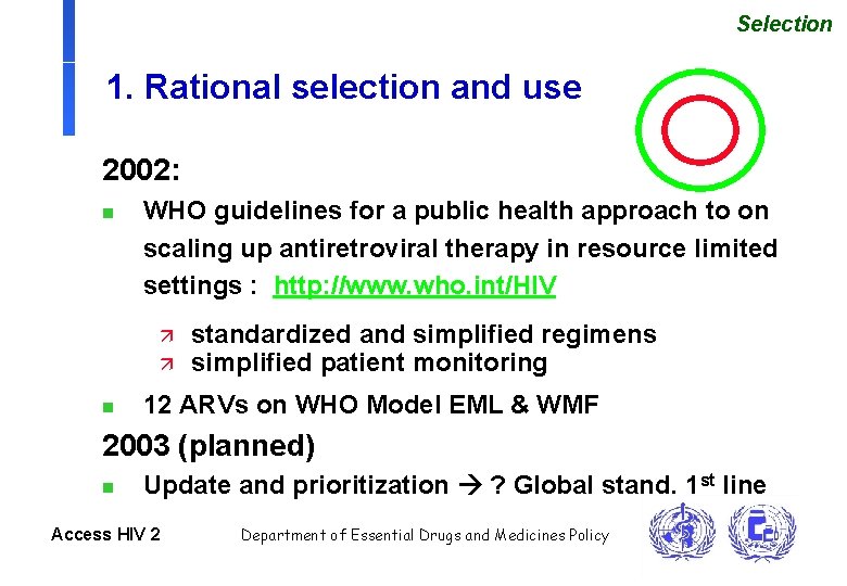 Selection 1. Rational selection and use 2002: n WHO guidelines for a public health