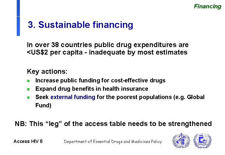 Financing 3. Sustainable financing In over 38 countries public drug expenditures are <US$2 per