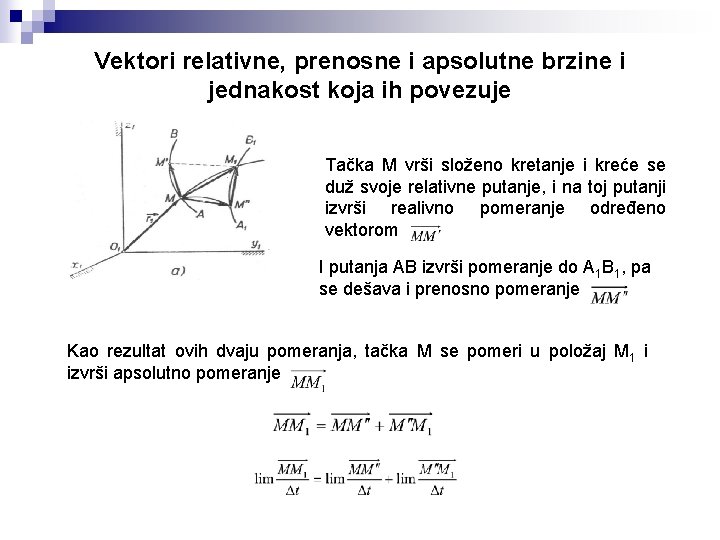 Vektori relativne, prenosne i apsolutne brzine i jednakost koja ih povezuje Tačka M vrši Vektori relativne, prenosne i apsolutne brzine i jednakost koja ih povezuje Tačka M vrši