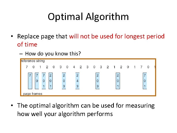 Optimal Algorithm • Replace page that will not be used for longest period of