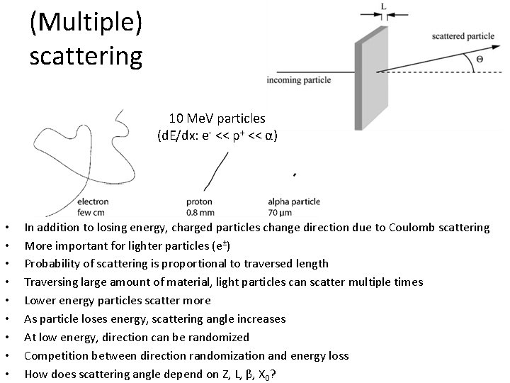(Multiple) scattering 10 Me. V particles (d. E/dx: e- << p+ << α) •