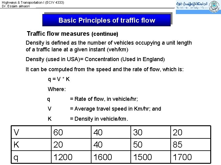Highways & Transportation I (ECIV 4333) Dr. Essam almasri Basic Principles of traffic flow