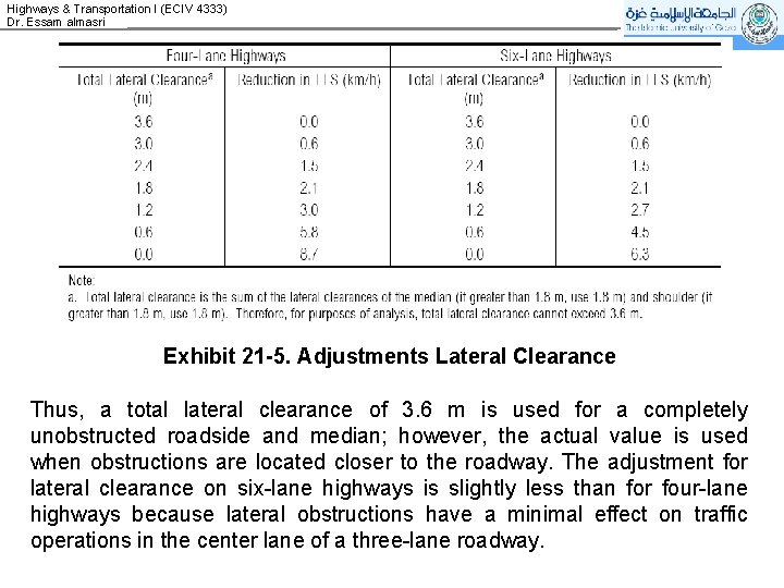 Highways & Transportation I (ECIV 4333) Dr. Essam almasri Exhibit 21 -5. Adjustments Lateral