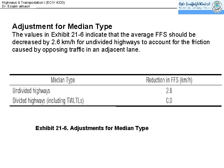 Highways & Transportation I (ECIV 4333) Dr. Essam almasri Adjustment for Median Type The