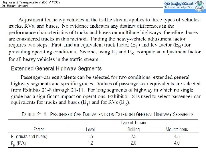 Highways & Transportation I (ECIV 4333) Dr. Essam almasri 
