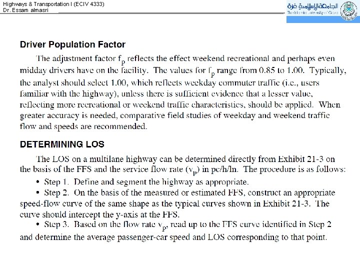Highways & Transportation I (ECIV 4333) Dr. Essam almasri 