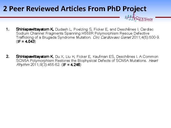 2 Peer Reviewed Articles From Ph. D Project 1. Shinlapawittayatorn K, Dudash L, Poelzing