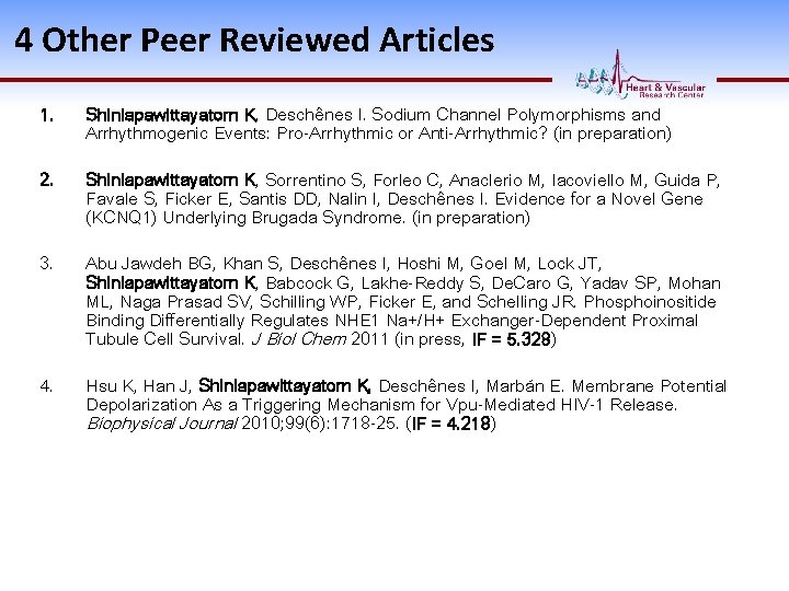 4 Other Peer Reviewed Articles 1. Shinlapawittayatorn K, Deschênes I. Sodium Channel Polymorphisms and