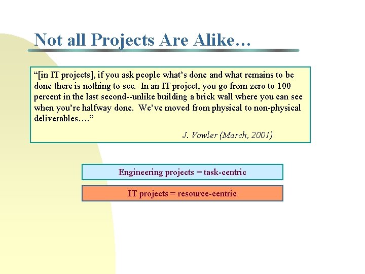 Not all Projects Are Alike… “[in IT projects], if you ask people what’s done