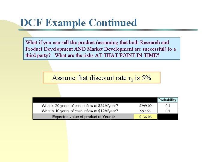 DCF Example Continued What if you can sell the product (assuming that both Research