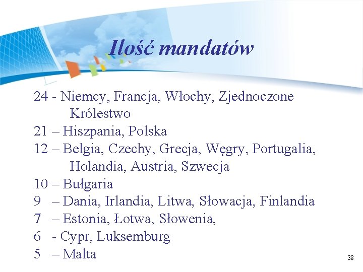 Ilość mandatów 24 - Niemcy, Francja, Włochy, Zjednoczone Królestwo 21 – Hiszpania, Polska 12