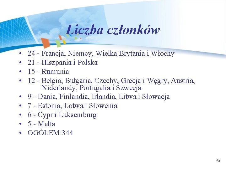 Liczba członków • • • 24 - Francja, Niemcy, Wielka Brytania i Włochy 21