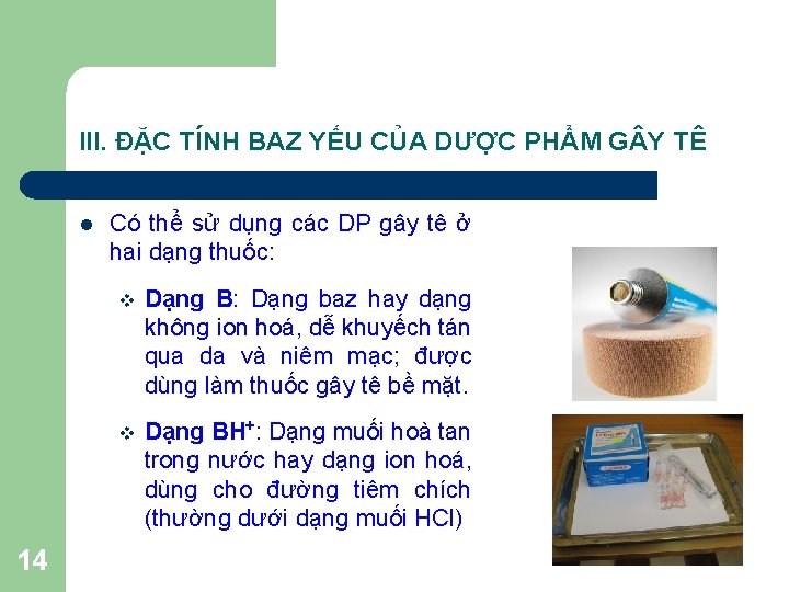 III. ĐẶC TÍNH BAZ YẾU CỦA DƯỢC PHẨM G Y TÊ l 14 Có