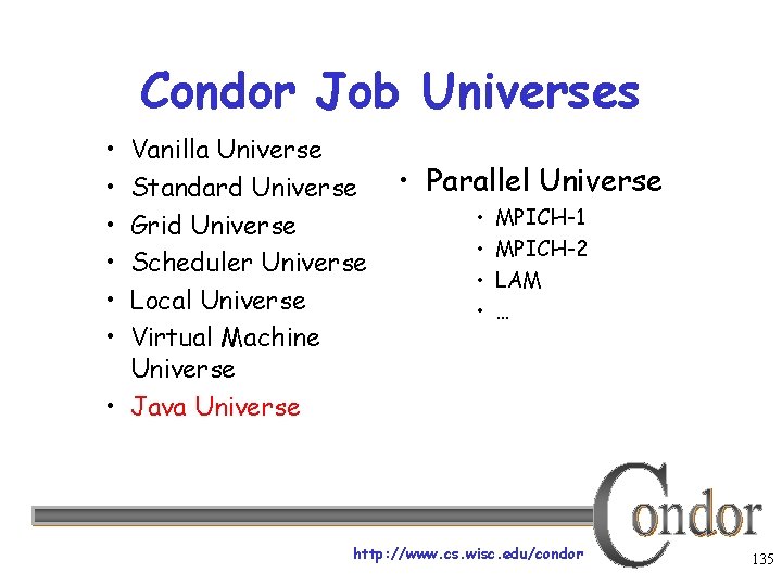 Condor Job Universes • • • Vanilla Universe Standard Universe Grid Universe Scheduler Universe