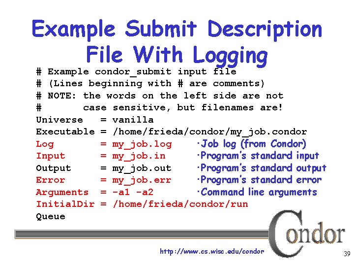 Example Submit Description File With Logging # Example condor_submit input file # (Lines beginning