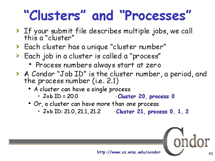 “Clusters” and “Processes” › If your submit file describes multiple jobs, we call ›