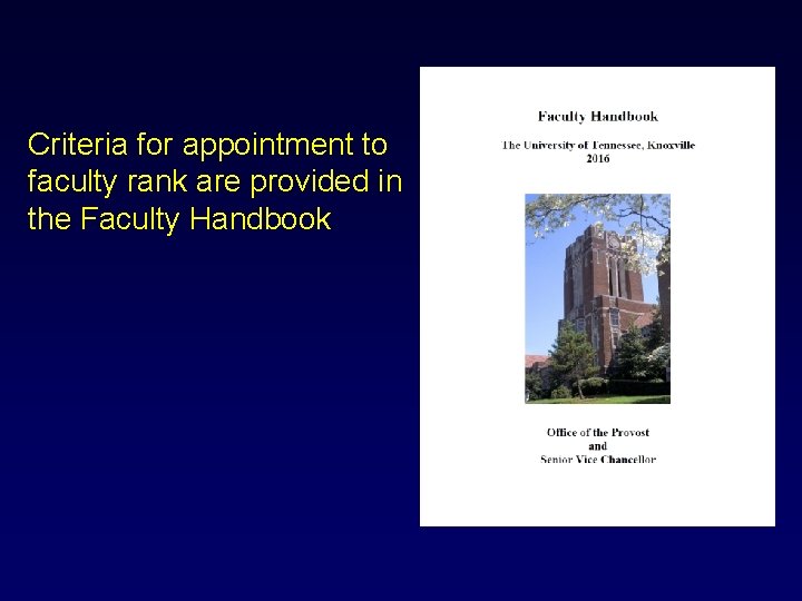 Criteria for appointment to faculty rank are provided in the Faculty Handbook 