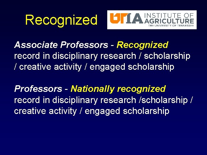 Recognized Associate Professors - Recognized record in disciplinary research / scholarship / creative activity