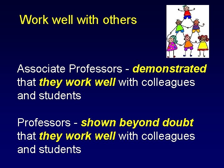 Work well with others Associate Professors - demonstrated that they work well with colleagues