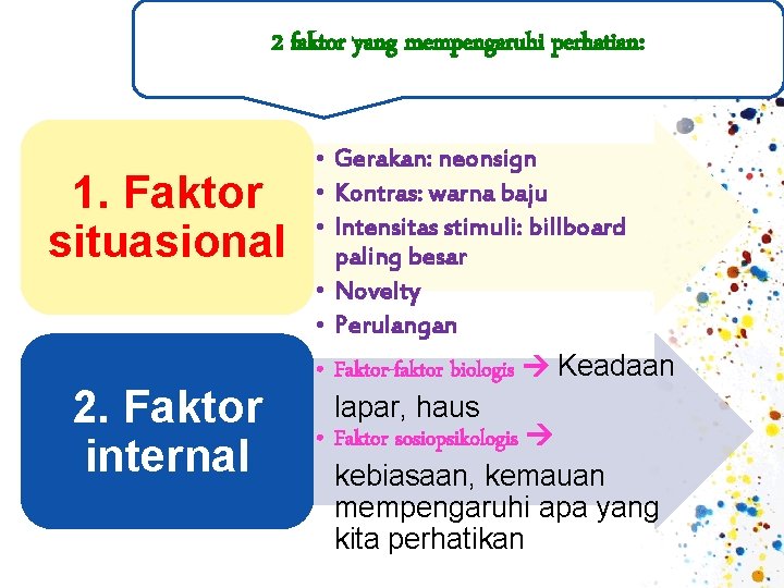 2 faktor yang mempengaruhi perhatian: 1. Faktor situasional 2. Faktor internal • Gerakan: neonsign